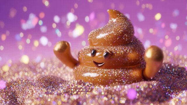 A whimsical representation of a cheerful animated poop emoji covered in vibrant glitter, surrounded by a sparkling purple background filled with colorful confetti, showcasing joy and playfulness.