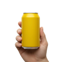 hand holding yellow can bottle isolated on transparent background