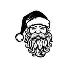 Black and white illustration of Santa Claus with a stern expression.
