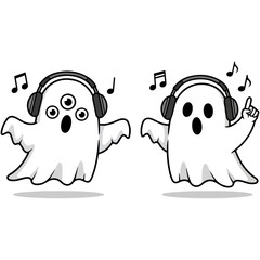 Two cartoon ghosts wearing headphones and dancing to music.