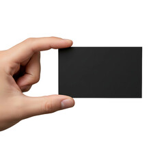 hand holding blank black business card isolated on transparent background