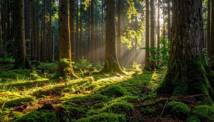 Sunlit Forest Path: Mossy Green Ground with Tall Trees