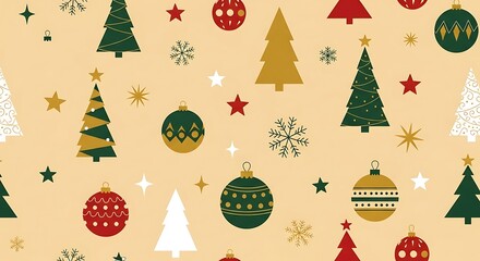 Festive Christmas Pattern with Trees, Ornaments, and Stars on Beige Background.