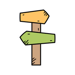 Wooden directional signpost with two blank panels one yellow and one green on a simple brown pole with a white background and black outlines illustrating a travel concept