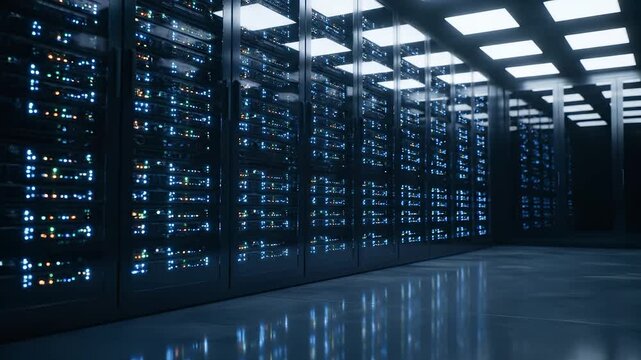 Rows of server rack units line datacenter aisle. Blue LEDs show network computing and storage systems. Cloud infrastructure operations implied. Cooling technology visible. Reflective floor adds scale.