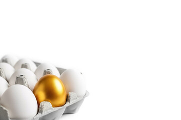 Golden Egg Among White Eggs in Carton Isolated on White Background