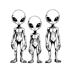 Three extraterrestrial beings standing together in monochrome vector illustration of science