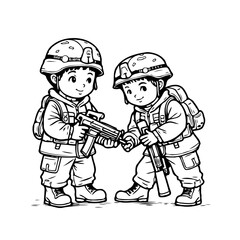 Two young soldiers in uniform, holding weapons, engaging in a collaborative effort, illustration