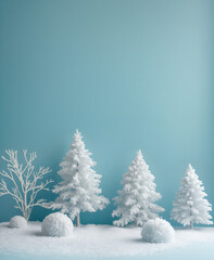 Minimalist winter scene with white, snowy miniature trees and snowballs on a light blue background. Ample copy space for text.