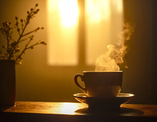 Steaming hot beverage in a cup, bathed in golden, dramatic backlight. Cozy, peaceful, and warm morning or evening atmosphere.