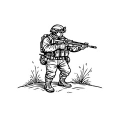 Vigilant soldier aims rifle in hand-drawn style illustration creating a powerful monochrome