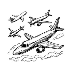 Vintage planes soaring through the skies, a line art drawing of various airplanes in flight on a