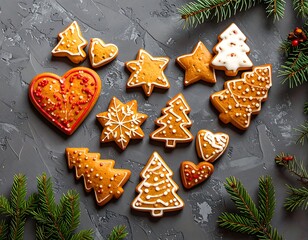 Festive gingerbread cookies arranged in a heart shape on a gray stone surface