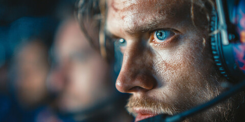 Focused gamer wearing headset during intense gaming session