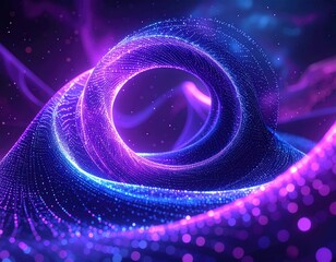 Abstract digital artwork showcases swirling trails of illuminated dots forming elegant curves and patterns, set against a dark backdrop with vibrant neon hues of blue and purple, creating a dynamic...