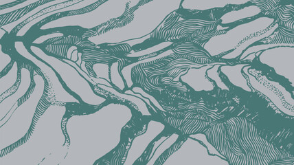Hand drawn brush lines abstract top view of rice terraces pattern, Japanese and ethnic folks wood carving, block print texture background, minimal graphic for textile, carpet, decoration