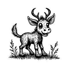 Whimsical cartoon deer in detailed linework on grass a charming illustration with stylized features