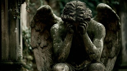 Somber stone angel statue with wings, head bowed in grief