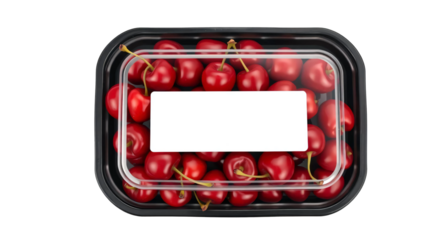 Black plastic tray containing fresh cherries and blank label mockup packaging isolated on transparent background