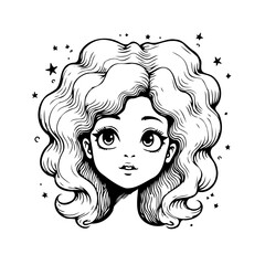 Whimsical depiction of a curly haired girl surrounded by stars capturing a dreamy ethereal