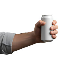 hand holding white can bottle isolated on transparent background