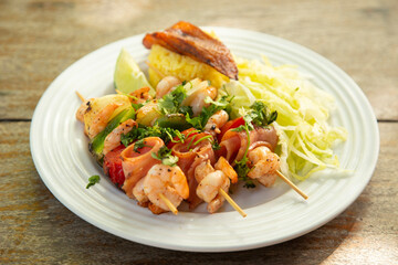 Shrimp skewer at a restaurant in El Cuyo, a fishing village on Mexico's Yucatan Peninsula.