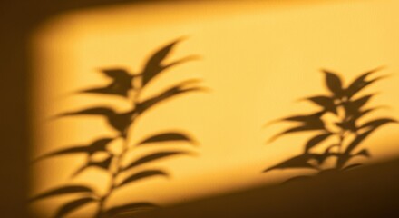 Soft Golden Light Casts Delicate Plant Shadows on Textured Wall