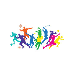 Vibrant sports silhouettes diverse athletes action colorful dynamic celebration vector