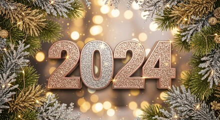 Sparkling 2024 New Year: Rose Gold, Silver Glitter, Festive Pine Branches, and Bokeh Lights