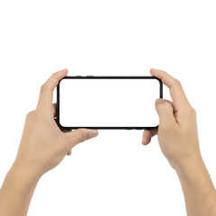 Hand Holding Smartphone with Blank Screen Isolated on Transparent Background
