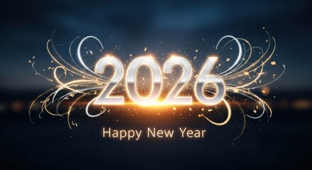 Sparkling 2026 New Year Celebration with Golden Confetti and Elegant Swirls on Dark Backdrop