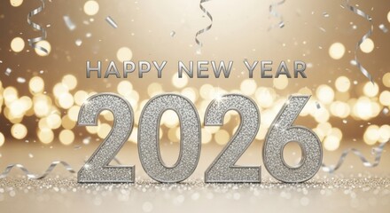 Sparkling 2026 New Year Celebration with Silver Confetti and Bokeh Lights