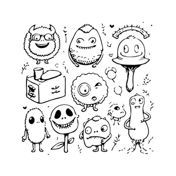 Whimsical monsters creatures ink drawing collection for creative designs and playful illustrations
