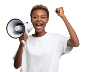 PNG Young woman with short background expressing enthusiasm.