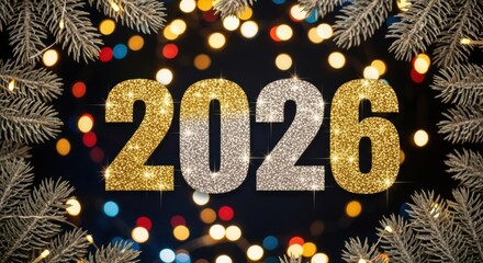 Sparkling 2026 New Year: Gold & Silver Glitter Numbers, Festive Bokeh, Frosted Pine Branches