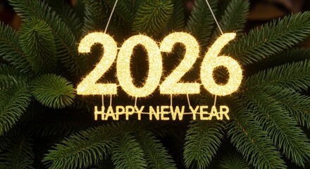 Sparkling 2026 New Year Sign Amidst Lush Green Pine Branches, Festive Glow