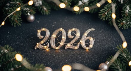 Sparkling 2026 New Year's Eve Celebration with Festive Lights and Evergreen Frame