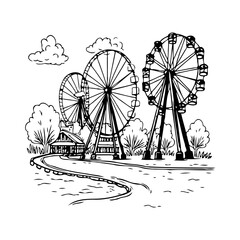 Whimsical sketched amusement park scene featuring giant observation wheels alongside a winding