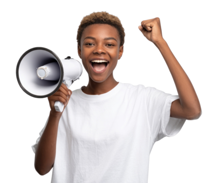PNG Young woman with short background expressing enthusiasm.
