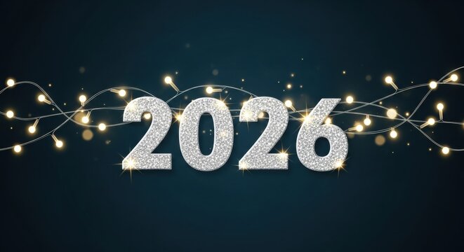 Sparkling 2026 New Year's Eve Celebration with Festive String Lights on Dark Backdrop