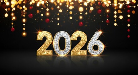 Sparkling Diamond and Gold Numbers 2026 Illuminated by Festive Bokeh Lights