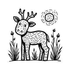 Whimsical woodland creature illustration: A cute deer in a meadow basking under a unique drawn sun