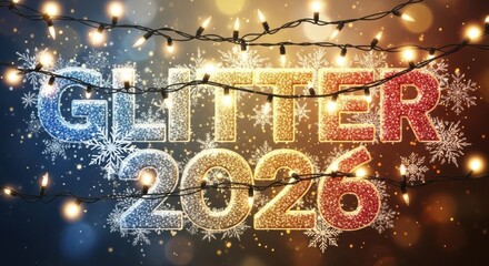 Sparkling "Glitter 2026" Text with Festive Lights and Snowflakes on Gradient Background