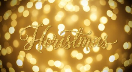 Sparkling Golden Christmas Text on Bokeh Background, Festive Holiday Season