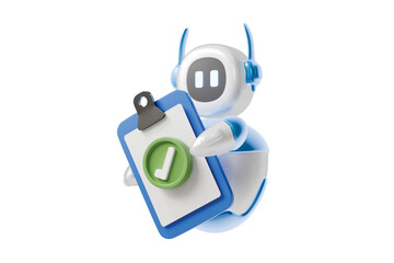3d robot holding checklist clipboard icon. productivity approval concept. Minimal cartoon checklist tick bot for app ui banner. isolated on white background. 3d render.