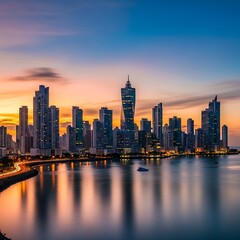 Obraz premium Panama City Skyline at Sunset - A Vibrant Urban Landscape.