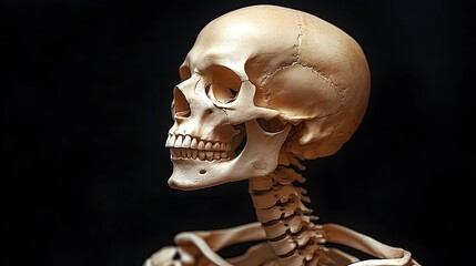 Realistic human skull model displayed against a dark background, highlighting intricate details and structure in a scientific context