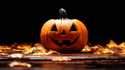 Fototapeta premium Halloween pumpkin sits surrounded by colorful autumn leaves in a dark setting, celebrating the festive season