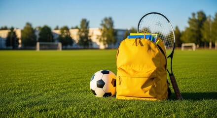 Sunny School Day Essentials: Yellow Backpack, Soccer Ball, Tennis Racket on Lush Green Field