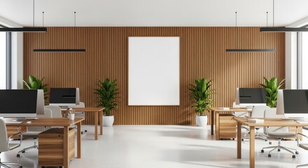 Symmetrical Modern Office with Fluted Wood Accent Wall and Blank Vertical Poster Mockup